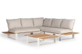 Zestaw wypoczynkowy Tierra Outdoor Seto Teak Lounge w kolorze beżowym, z narożnikiem z teaku, aluminiową konstrukcją i stolikiem kawowym z blatem teakowym.