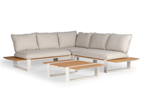Zestaw wypoczynkowy Tierra Outdoor Seto Teak Lounge w kolorze beżowym, z narożnikiem z teaku, aluminiową konstrukcją i stolikiem kawowym z blatem teakowym.
